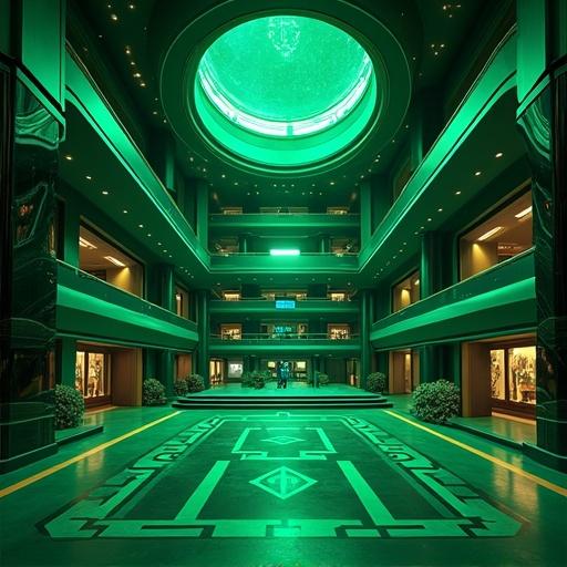 Anime inspired futuristic interior design. Oversized modern luxurious building. Features a martial arts dojo. Emerald green and black color scheme. Captured at noon in Shanghai.