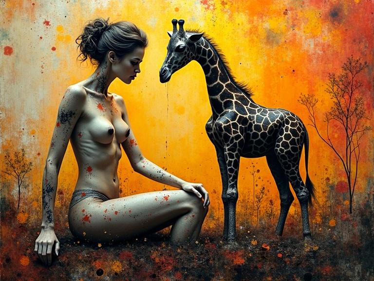 3D multi-layered artwork featuring a nude woman beside a pet giraffe. The piece has splashes of color with an encaustic mixed media style.