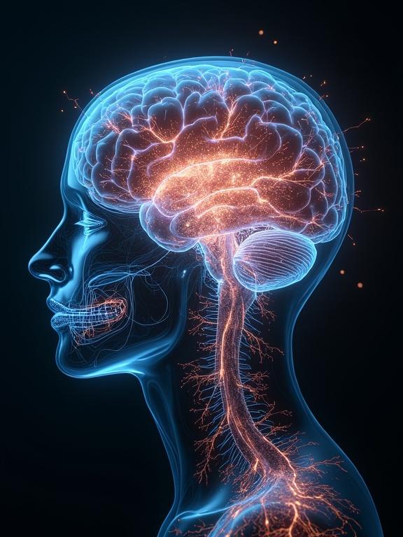 Hyper-realistic cinematic art piece. Luminous human brain transparent. Frantic electrical sparks firing along neural pathways. Intense processing and cognitive shock conveyed. Cinematic style 35mm film realistic bio-luminescent highly detailed.