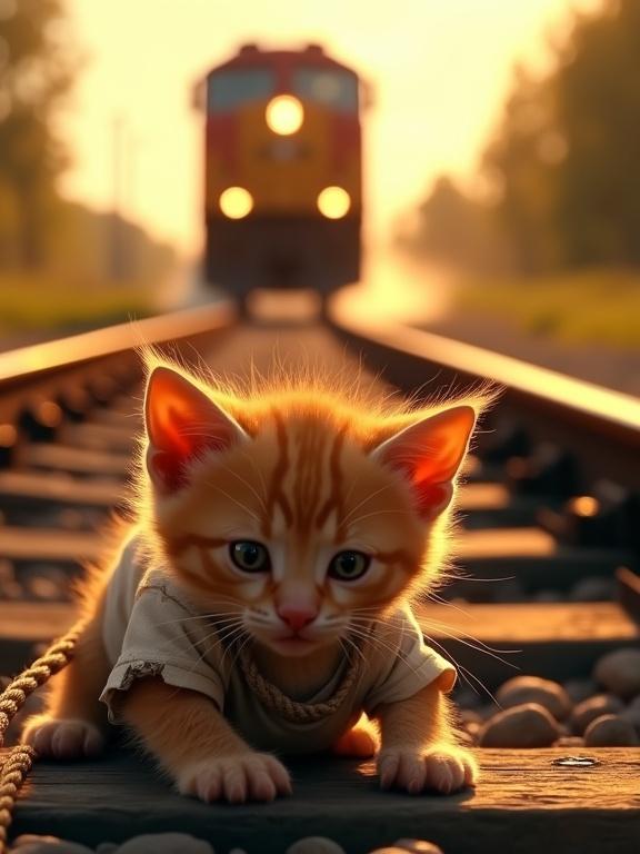 Countryside railway track during golden hour. A skinny orange kitten with scruffy fur and a torn, dirty white t-shirt is lying down tightly tied to the steel railway track with thick rope. The kitten's wide eyes show fear, ears back, and it's struggling. A large train approaches fast in the distance, headlights on. The rails stretch straight into the background where the train is coming. Dust rises from the track. The scene has a warm dramatic tone creating tension.
