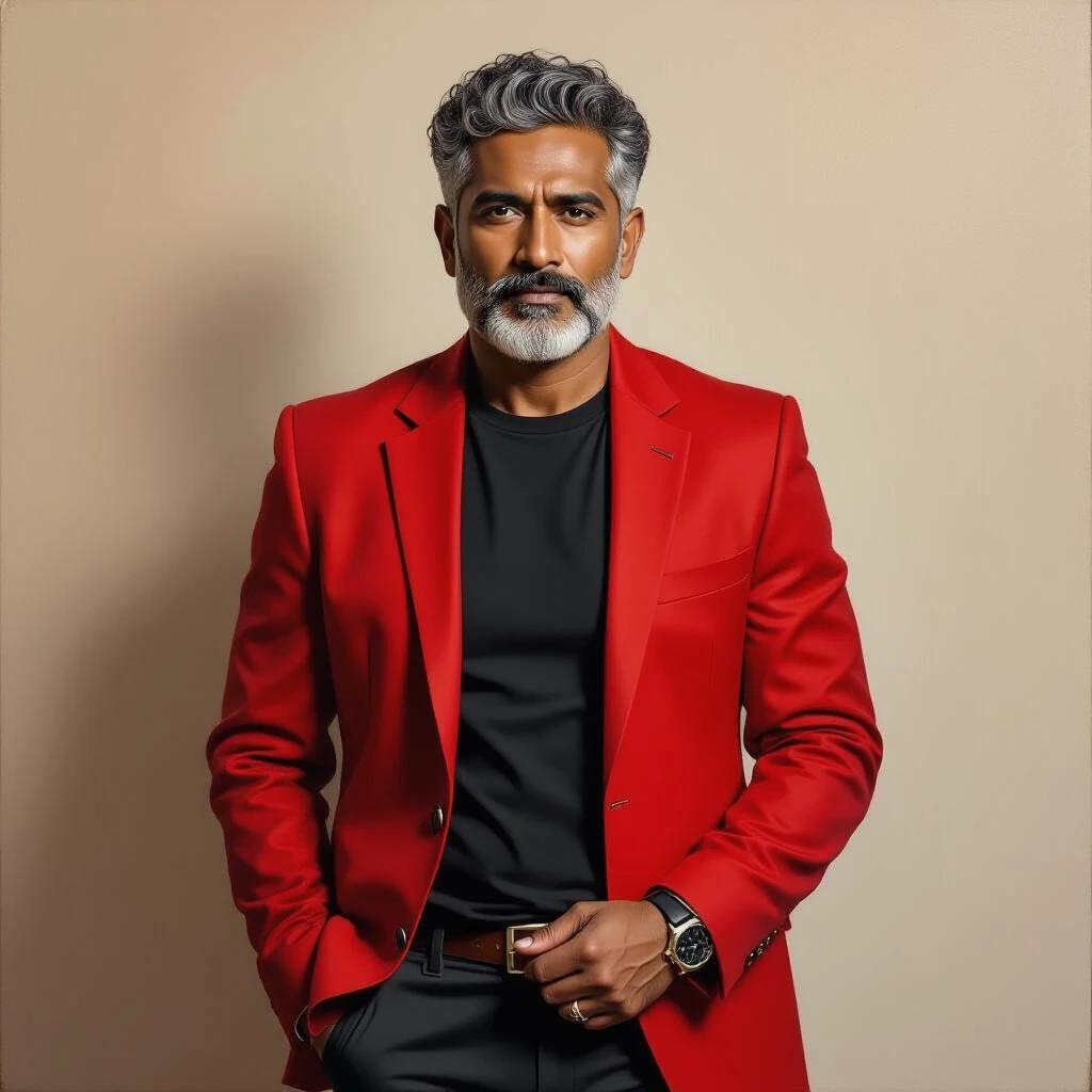 Captivating oil painting of an Indian man with dark skin tone in a vibrant red blazer over a black t-shirt and dark pants. He stands with a slight turn, hands clasped, short curly gray hair, full gray beard, serious expression, and direct gaze. The style is formal yet casual, minimal accessories, full body view, grounded stance, and realistic fabric draping against a plain neutral background with warm lighting and rich oil painting texture.