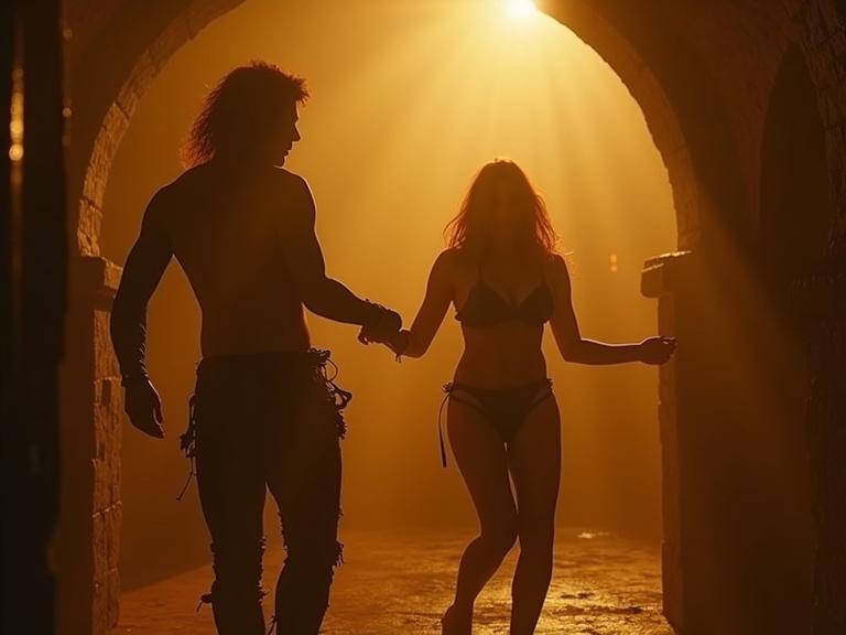 Two dancers in a dungeon setting. One dancer is male and the other is female. Dim lighting creates a golden haze. Leather and copper elements are present. Style is photorealistic with film grain.