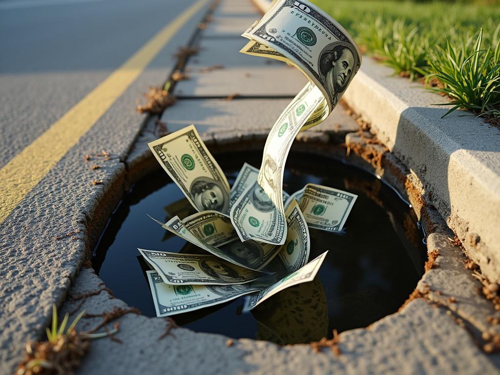 Money is swirling down a drain in a spiral motion. The bills are fluttering and twisting around as they descend. The scene is set on a quiet street, with the drain positioned beside the curb. There are details of asphalt and a faint yellow line visible on the side. The sunlight casts soft shadows, adding depth to the image.