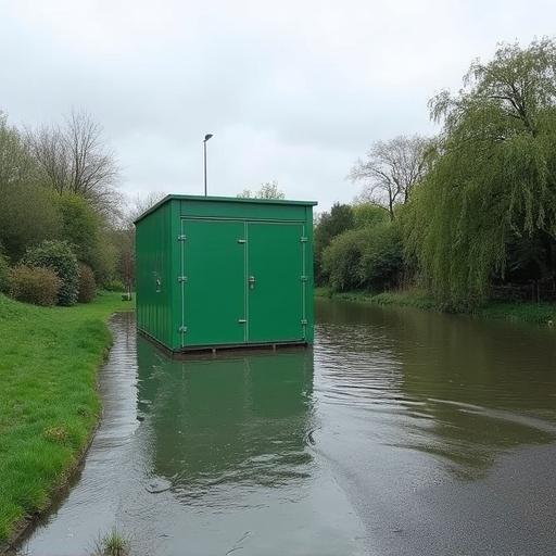 Green grp substation housing protecting from flood conditions in the UK. Housing is situated next to a busy road that is experiencing flooding.