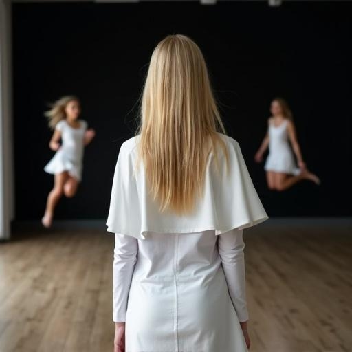 Beautiful blonde young woman seen from behind. She wears a long sleeve white T-shirt and a white mini-kilt. She looks at women in short white dresses flying above the floor. The scene has black walls and a wooden floor.