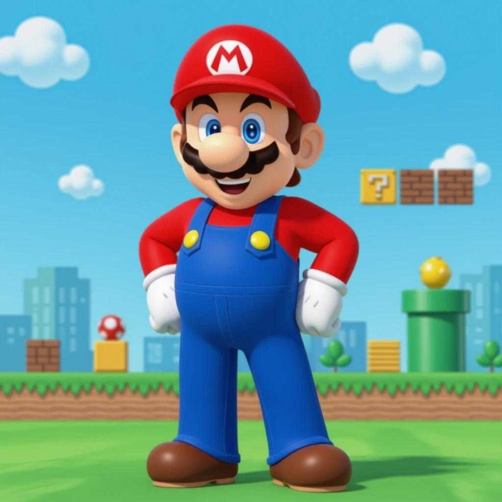 A cartoonish representation of a cheerful character dressed in red and blue with a cap featuring an 'M'. Background includes clouds, cityscape, and gaming elements.