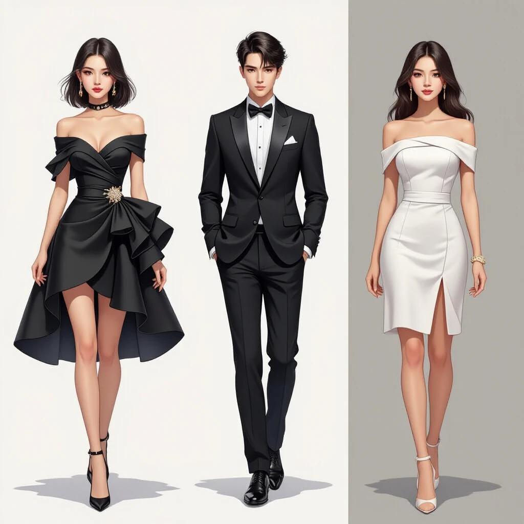 Three formal characters in elegant attire displayed in a 2.5D illustration style. Two female characters wear black and white dresses, respectively, while a male character is dressed in a black tuxedo. The focus is on their faces with a softly blurred background, creating a refined atmosphere.