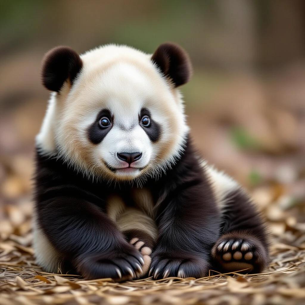 A young panda looks sad in a realistic brown background.