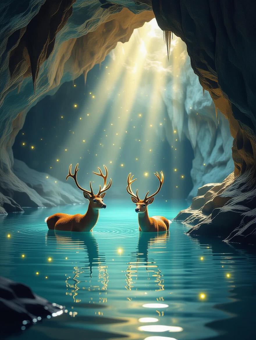 Ethereal deer stand gracefully in a glowing azure pond inside a cave. Fireflies illuminate the scene with golden light. The cave has a mystical atmosphere enhanced by soft light and reflections in the water. A symmetrical composition emphasizes the serenity and beauty of the moment.
