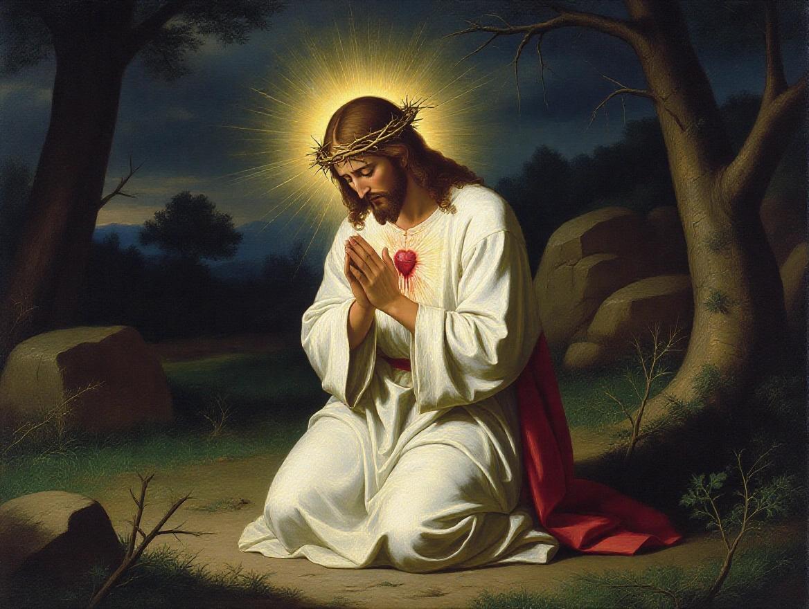 A sorrowful Jesus kneeling in prayer in the Garden of Gethsemane. Glowing light surrounds Him. His heart is symbolically covered with thorns and tears. He suffers for humanity's sins. Emotional composition. Renaissance painting style.