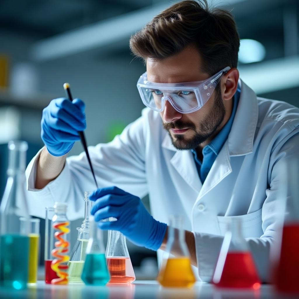 Scientist in a laboratory focused on DNA sequencing. Dressed in a white lab coat, wearing safety goggles and gloves. Holding a micropipette with colorful DNA candies in flasks. Captures essence of scientific research. Bright lighting highlights lab work.