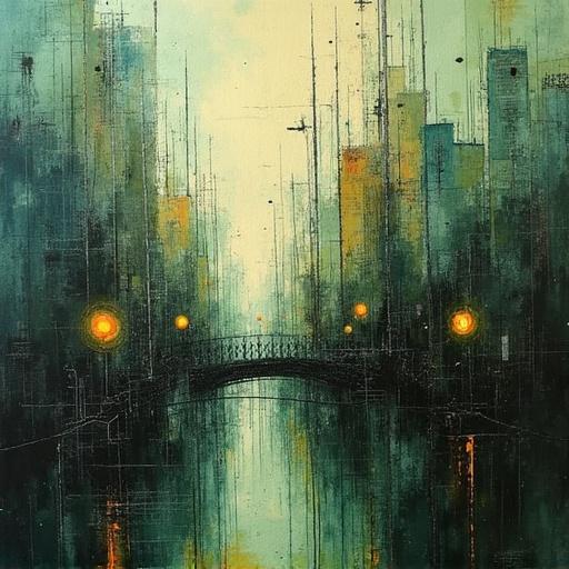 Abstract representation of a city with muted darker colors. Features a bridge illuminated by glowing streetlights. Verdant and enigmatic atmosphere in visual style such as collage and thread embroidery.