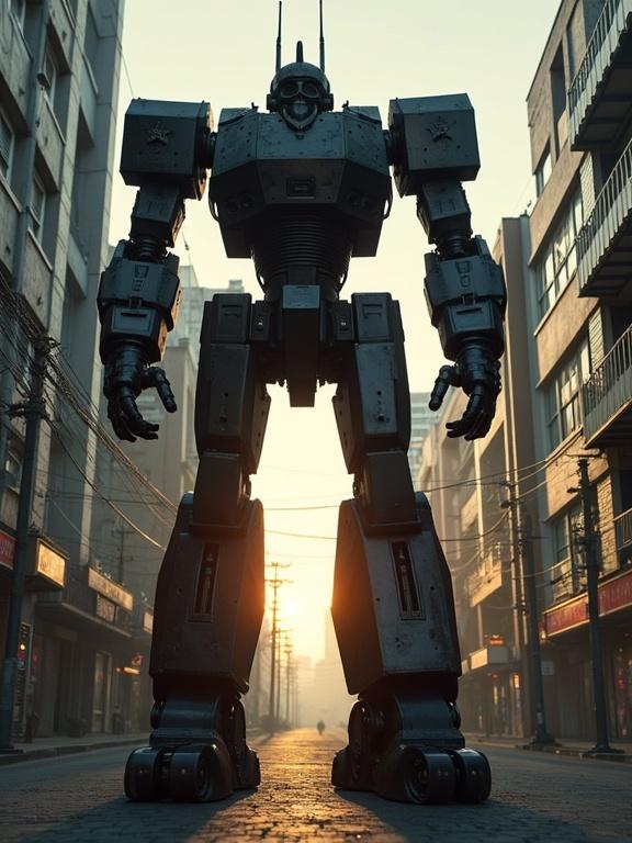 Dark cinematic scene depicting a giant mechanical robot in an Asian city. View from the ground looking up at 100 ft tall mech with intricate metal joints and pieces. The robot towers over streets lined with buildings, stores, street lights, and power lines. Sunset creates an atmospheric backdrop with shadows and textures.
