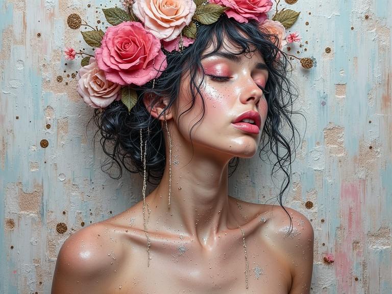 A model with a floral crown of pink roses poses with closed eyes. Focus on natural beauty and fantasy elements. Mixed media collage textures with impasto appearance. Delicate details like glitter and soft colors present. Background features abstract textures and hues.
