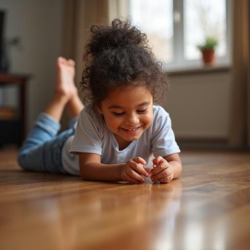 Smiling mixed girl wearing jeans lying on a wooden floor counting her toes.