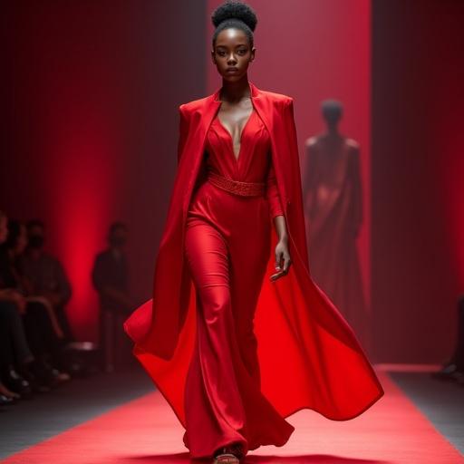 A hyper detailed portrait of a beautiful model wearing a high fashion red outfit. She struts down a model runway named Fabrishion.