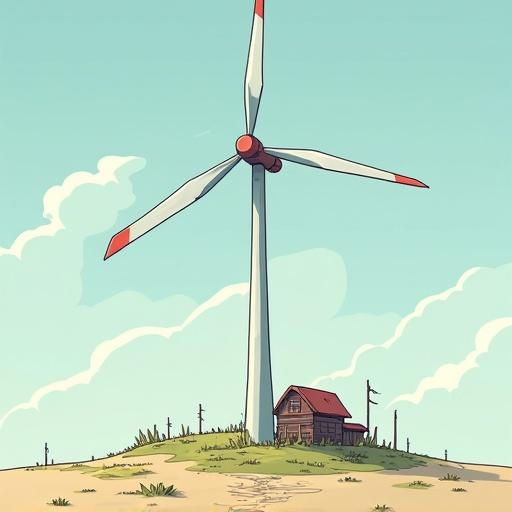 Concept art of a vertical axis wind turbine designed for a low-poly cartoon-style post-apocalyptic video game. The structure is visually striking and imaginative. Stylized like an artbook illustration. Shows a slight top-down or isometric perspective. No environment, only the turbine structure.
