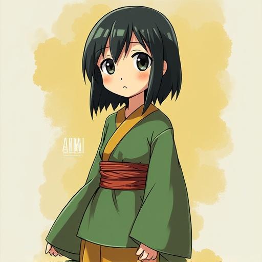 Anime character with short black hair wearing a green kimono and a brown belt. She stands with a neutral expression against a beige background.