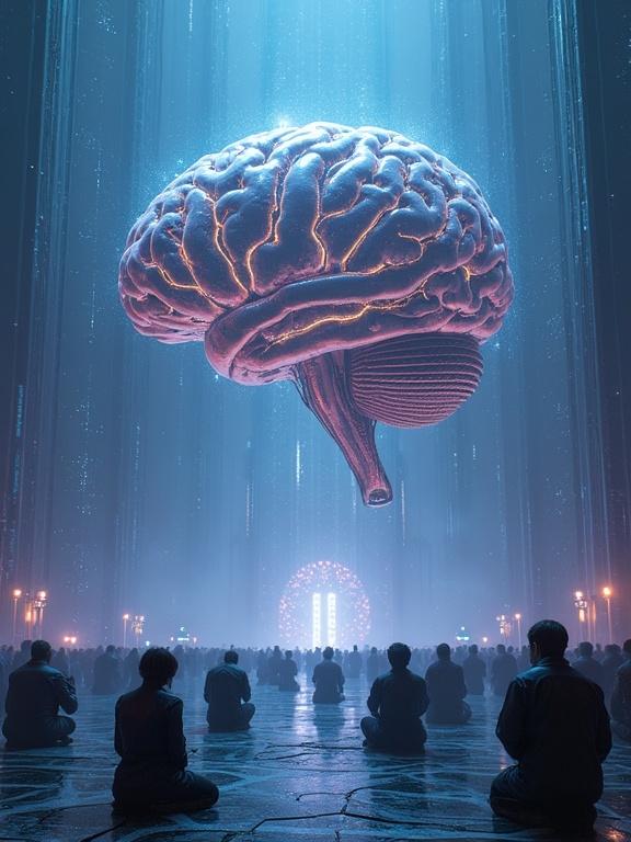 Wide-angle view of a colossal AI brain suspended in the distance. Crowds of people kneeling in reverence. The brain fuses glowing circuits and metal plating with pulsing organic tissue. Wires and neural fibers intertwine like veins. A soft bio-luminescent glow pulses from within. Housed in a floating core surrounded by a faint energy field. Set in a vast futuristic landscape with metallic temples and digital engravings on the ground. Ambient blue and violet lighting creates a cinematic sci-fi atmosphere. Divine yet eerie presence.