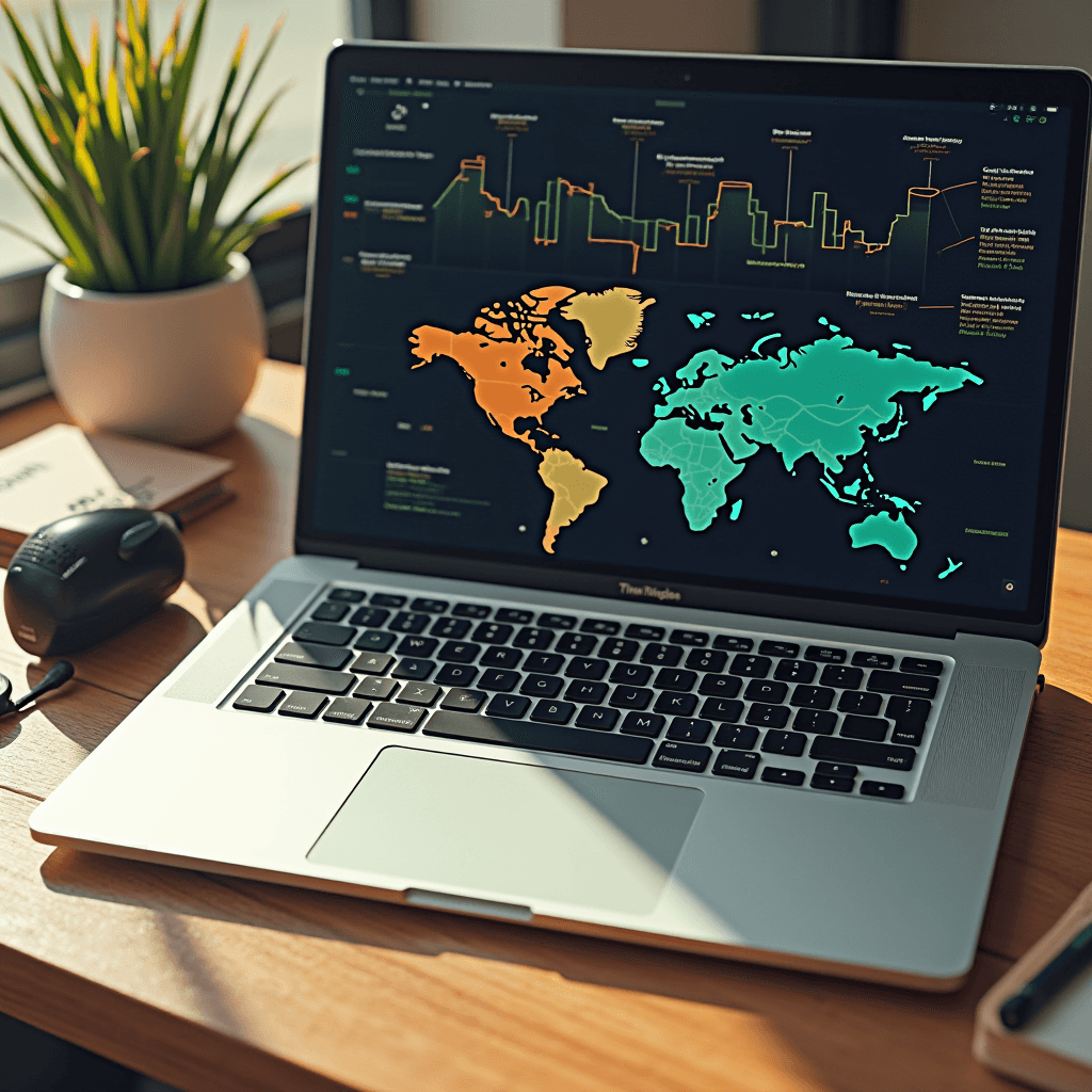 A laptop displaying a colorful world map and data graphs sits on a sunlit wooden desk, accompanied by a potted plant, a mouse, and a smartphone.