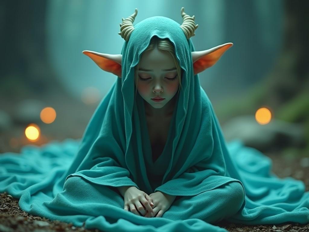 The image depicts an arcane character seated quietly in a mystical forest setting. The character is enveloped in a turquoise garment, giving off a serene and gentle aura. With unique, protruding ears, they have an ethereal appearance that complements their anxious yet empathetic demeanor. The soft lighting creates a calming atmosphere, filled with magical, warm tones. This character expresses patience and a longing for support in a tranquil, otherworldly environment.