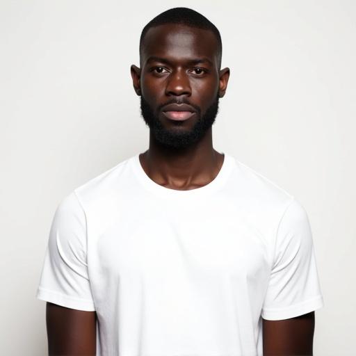 High resolution portrait of a Black male. Wearing plain white T-shirt. Full frontal view. Neutral expression. Natural skin texture. Looking directly into camera. Well-lit with soft even lighting. Simple solid background. Sharp details and realistic skin tones.