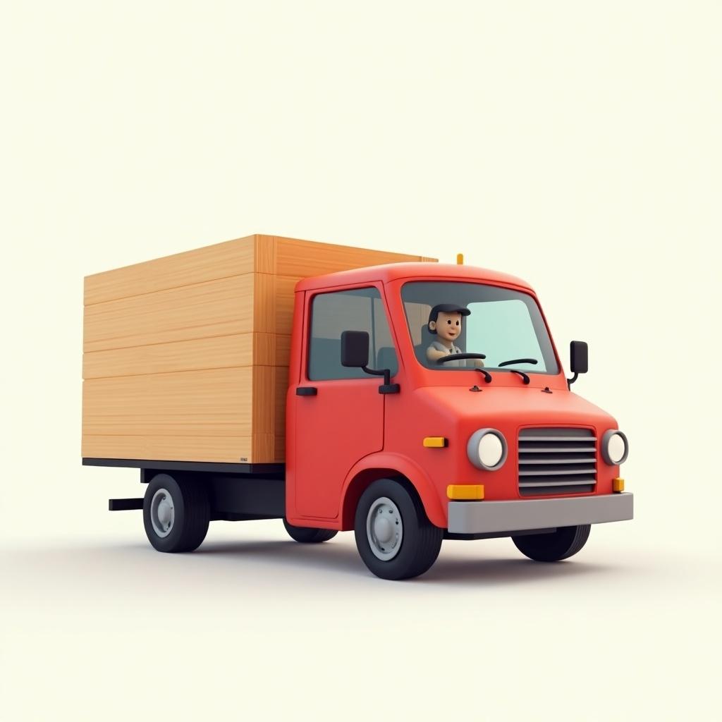 Cartoonish red delivery truck with wooden pallet in the back. No blurred face is visible.