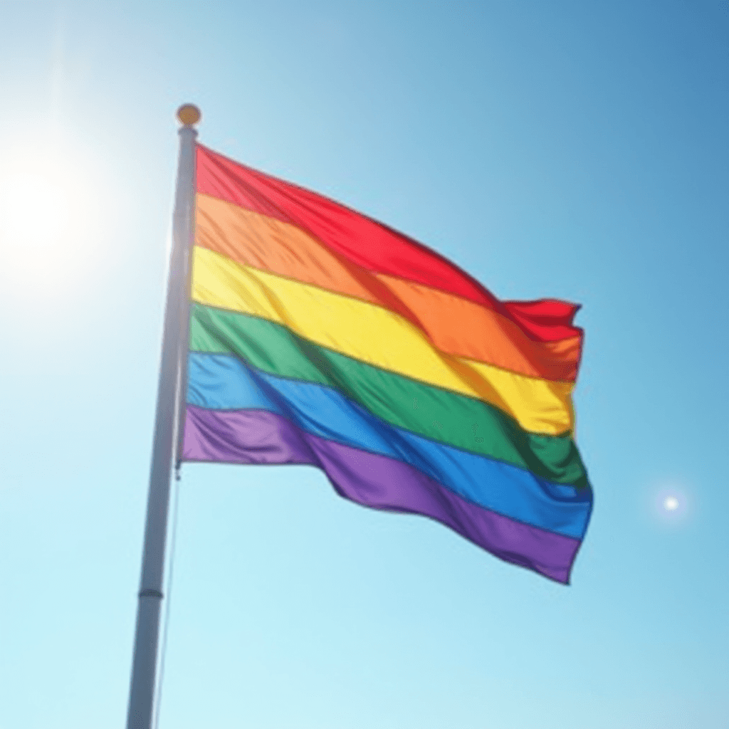 A vibrant rainbow flag waves against a clear blue sky, illuminated by sunlight.