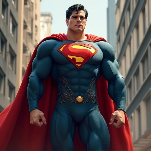 Generate image of a superhero character in a bright costume standing powerfully in a cityscape. Focus on muscular physique and vibrant colors.