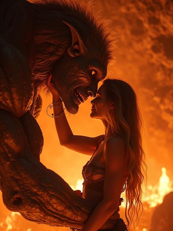 Close up photo featuring a stunning huntress character with flowing gold hair wearing a tattered loincloth. She passionately caresses the face of a towering golem made of molten rock. The scene unfolds deep in a glowing lava cave with flickering firelight illuminating the surroundings. The atmosphere is filled with warmth and intensity, captured in a below perspective to emphasize the grandeur of the scene.