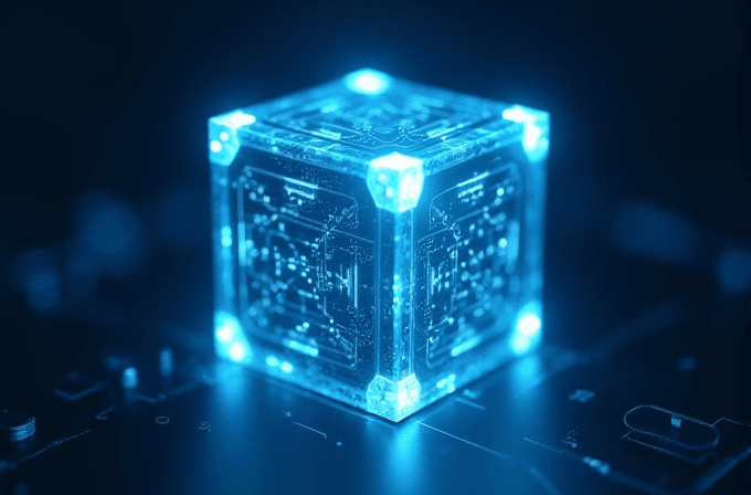 A glowing, transparent blue cube with intricate digital circuits and patterns inside, set against a dark background.