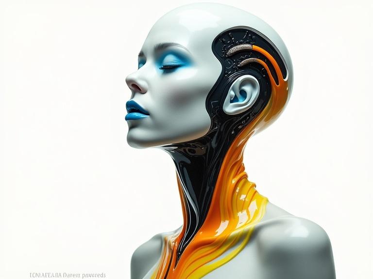 A surreal portrait of a woman with a robotic neck. Her face is serene with closed eyes, painted white. She has blue lips and glowing accents. Orange, yellow, and black liquids flow around her neck and shoulders. The background is clean white.