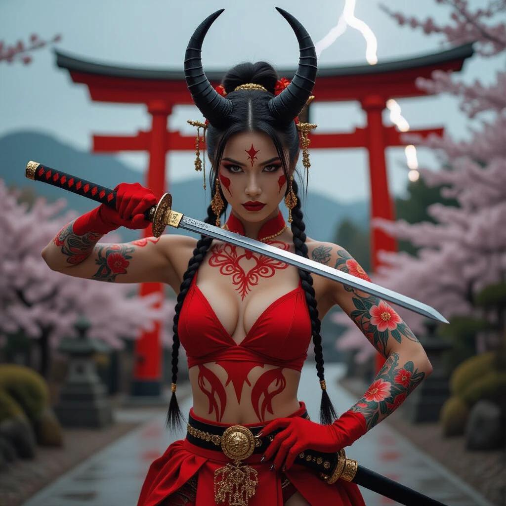 A woman with red body paint and horns poses fiercely with a katana. She has braided hair and floral tattoos. The background features a torii gate and cherry blossoms with lightning in the distance. The scene is dramatic and colorful, suggesting power and artistic expression.
