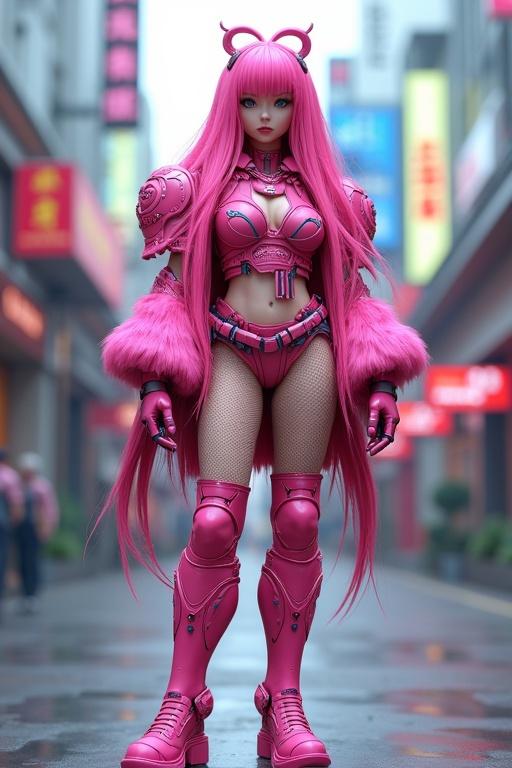 3D model of an action figure in a vibrant pink outfit. Full-body representation of a woman with long pink hair. Futuristic haute couture armor design with fishnets. Urban environment in background. Anime style character with confidence