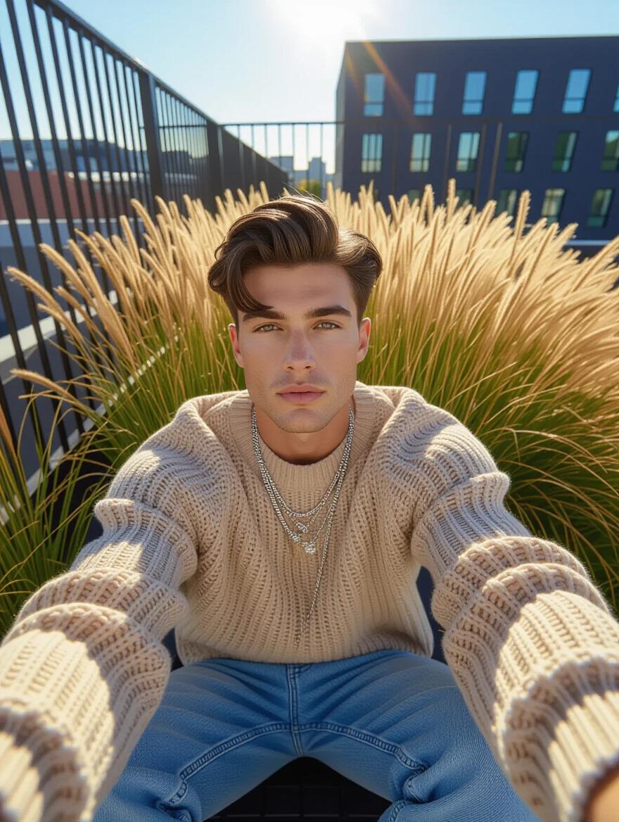 Casual selfie taken from elevated wide-angle viewpoint. Young man sitting on rooftop garden planter. Surrounded by tall grasses and metal fencing. Relaxed expression gazing into camera. Wearing oversized knitwear and slim-fit denim. Natural sunlight creating highlights and shadows. Urban environment with plant textures and city skyline blurred in background.