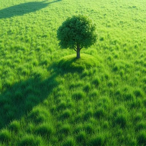 Aerial view of lush green grass with a single tree in the center. Visual style inspired by Super Mario Wonder and Super Mario 3D World featuring soft lighting.