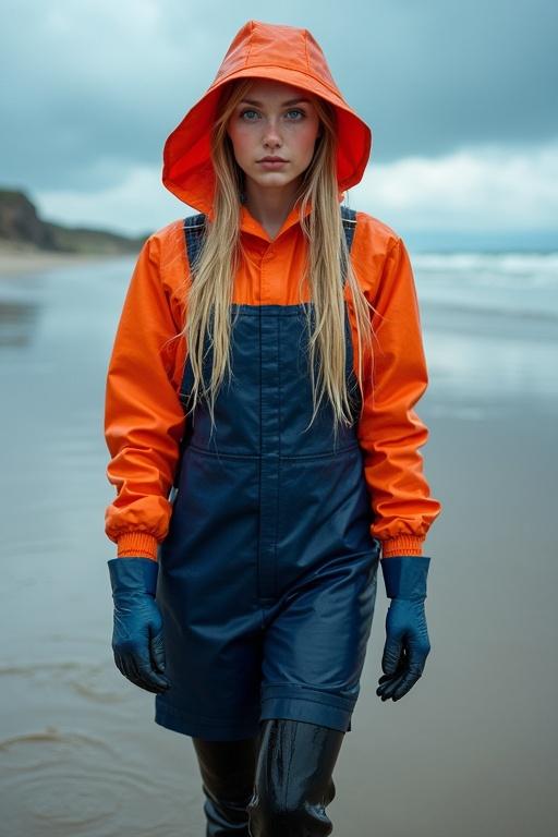 Young woman with long blonde hair in pigtails wearing orange hooded mackintosh and navy blue dungarees. She is cleaning oil on a beach. It is raining with storm clouds in the background. Her clothes and hair are soaked.