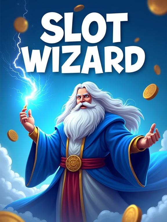 Promotional banner for a mobile game. Mythical god has flowing white hair and blue robe. God holds a lightning bolt in action pose. Title is 'SLOT WIZARD' in bold letters. Background is vibrant blue with swirling clouds and floating coins. Sense of adventure and excitement. Style is minimal with bold lines and clean design.