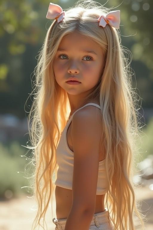 A girl with long blonde hair styled with pastel pink bows. She wears a fitted crop top and shorts. She has tanned skin. Background features soft colors with natural sunlight. Exceptional details and realistic shadows.