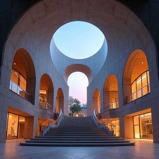 Modern architectural space with sweeping arches and circular openings. Grand sleek office building illuminated against twilight sky. Blend of steel and glass design with balconies and steps.