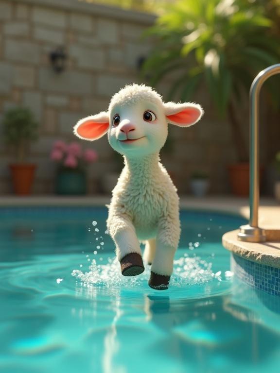 A playful lamb joyfully splashing in a pool. The scene embodies a charming and animated setting. The lamb features a soft and fluffy appearance. The background includes plants and a bright poolside ambiance.