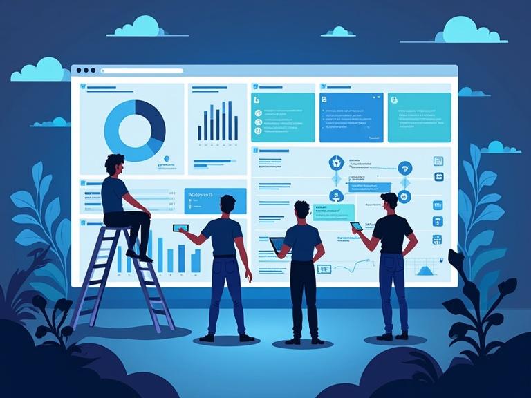 Engineers interact with a large digital dashboard showcasing data and analytics. The dashboard displays graphs, charts, and information panels. Engineers stand and sit around the dashboard, engaged with devices like smartphones and tablets. The scene is set in a dark blue color scheme with greenery in the foreground.