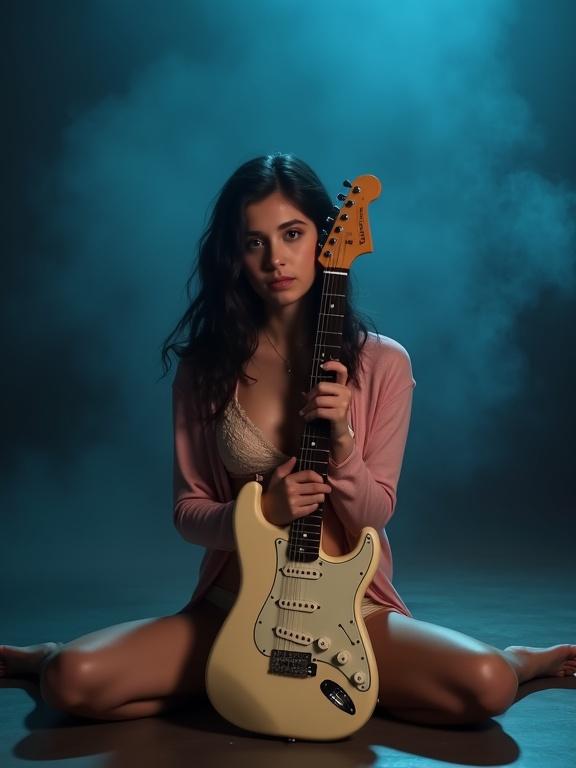 Image of a young woman seated on the floor in a dimly lit studio with a bluish background. She holds an electric guitar vertically in front of her. Her long black hair falls past her shoulders. She wears a pink cardigan and lace undergarments. Her expression is calm and serious. The mood is introspective and intimate.