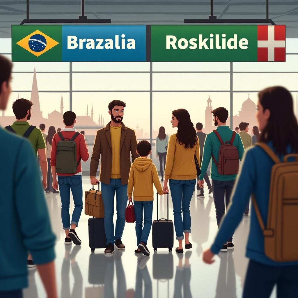 Scene depicting families at an airport with signs for Brazil and Denmark. Travelers with luggage showing a welcoming international atmosphere. The setting showcases cultural diversity.