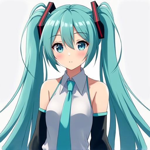 Anime character with turquoise hair in pigtails. Wearing a white and black outfit with a tie. Features bright blue eyes and a neutral expression.