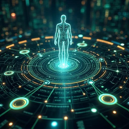 Photorealistic conceptual illustration of Q-Life v5.2 Ethics Guardian Module. Luminous quantum network visualizing ethical core. Display real-time data streams and metrics on ethereal panels. Represent key ethical compliance indicators with dynamic gauges and color coding. Integrate abstract formulas of cosmic ethics. Aesthetic showcases vigilance and precision.