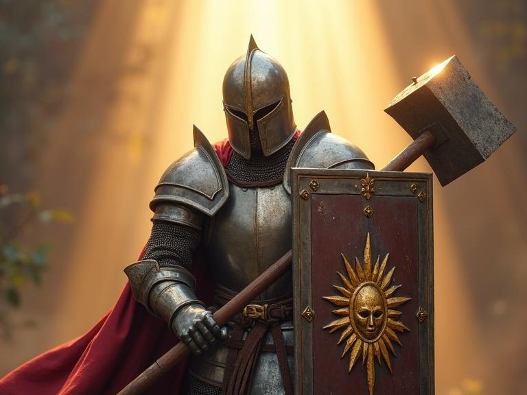 Medieval cleric in full plate armor with ornate sun emblem. No faceguard on helm. Defensively posed with large steel shield. Wielding long-handled war hammer. Sun rays shining down illuminating scene.