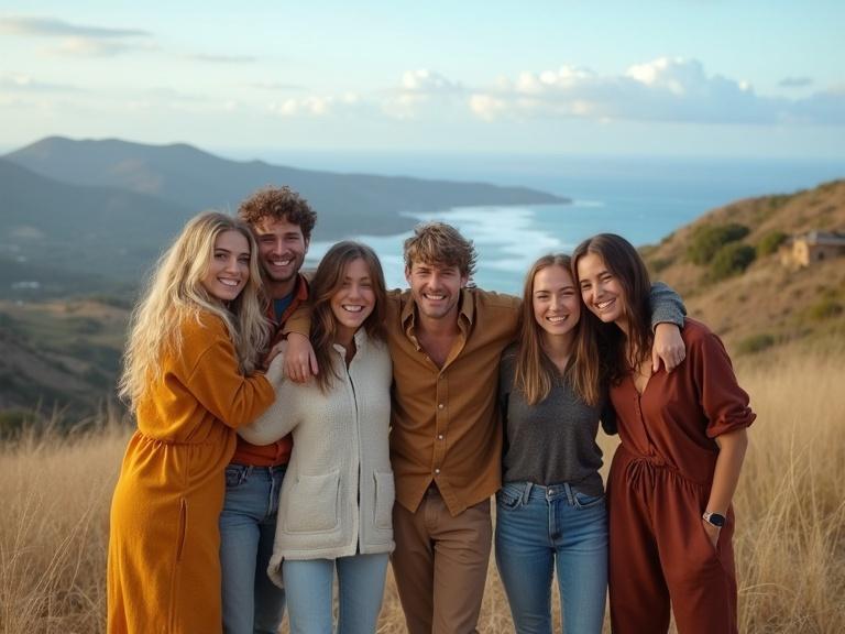 Photo of a group of six people laughing and hugging in a beautiful field. Mountains and ocean are in the background. Various clothing styles are visible. Everyone appears joyful and friendly.