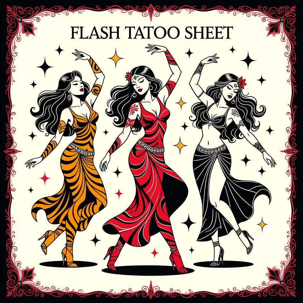 Flash tattoo sheet featuring three exotic women dancing. Women wear flowing dresses with intricate designs. Each woman is adorned with unique tattoos. The artwork has thick black and vibrant red and yellow line work. Bold and stylish aesthetic reminiscent of classic tattoo flash sheets.