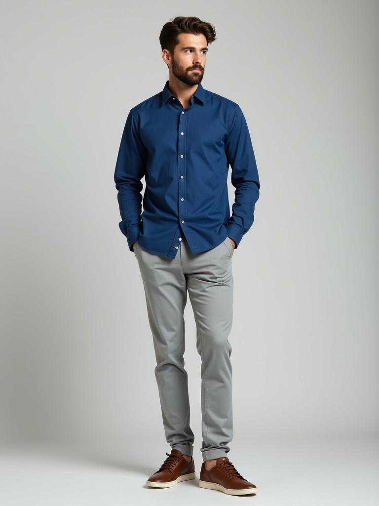 A stylish man wearing a blue shirt tucked into light grey pants. He is wearing brown sneakers. The full outfit is clearly visible. The photo has a clean background.